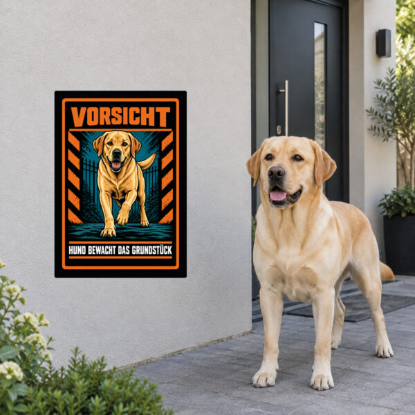 Labrador Retriever Aufkleber „Vorsicht – Hund bewacht das Grundstück“ im Actionstil – Hochformat – Anwendung am Eingang