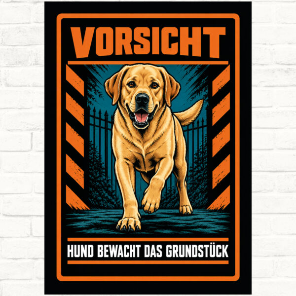 Labrador Retriever Schild „Vorsicht – Hund bewacht das Grundstück“ im Actionstil – Hochformat – Produktansicht