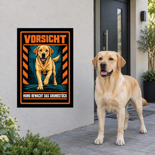 Labrador Retriever Schild „Vorsicht – Hund bewacht das Grundstück“ im Actionstil – Hochformat – Anwendung am Eingang