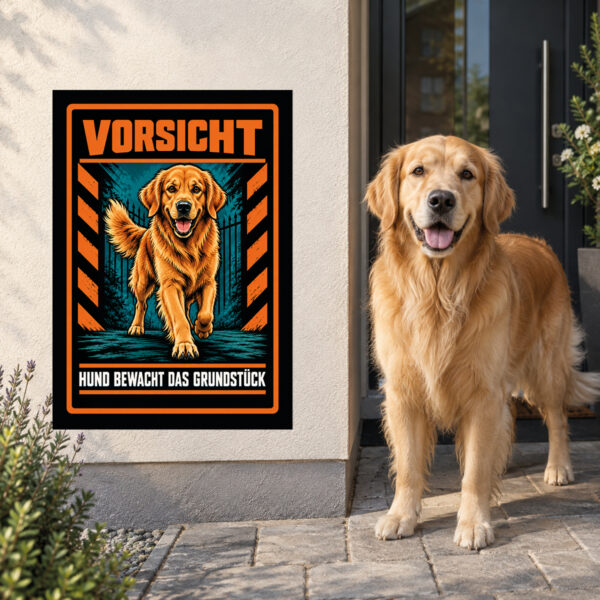 Golden Retriever Schild „Vorsicht – Hund bewacht das Grundstück“ im Actionstil – Hochformat – Anwendung am Eingang