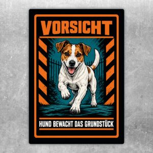 Jack Russell Terrier Aufkleber „Vorsicht – Hund bewacht das Grundstück“ im Actionstil – Hochformat – Produktansicht
