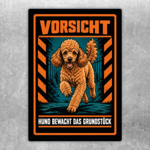 Zwergpudel Aufkleber „Vorsicht – Hund bewacht das Grundstück“ im Actionstil – Hochformat – Produktansicht