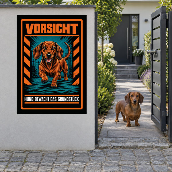 Dackel Schild „Vorsicht – Hund bewacht das Grundstück“ im Actionstil – Hochformat – Anwendung am Eingang