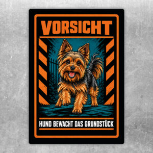 Yorkshire Terrier Aufkleber „Vorsicht – Hund bewacht das Grundstück“ im Actionstil – Hochformat – Produktansicht