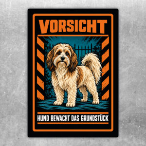 Havaneser Aufkleber „Vorsicht – Hund bewacht das Grundstück“ im Actionstil – Hochformat – Produktansicht