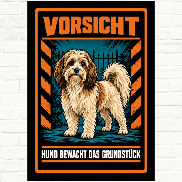 Havaneser Schild „Vorsicht – Hund bewacht das Grundstück“ im Actionstil – Hochformat – Produktansicht