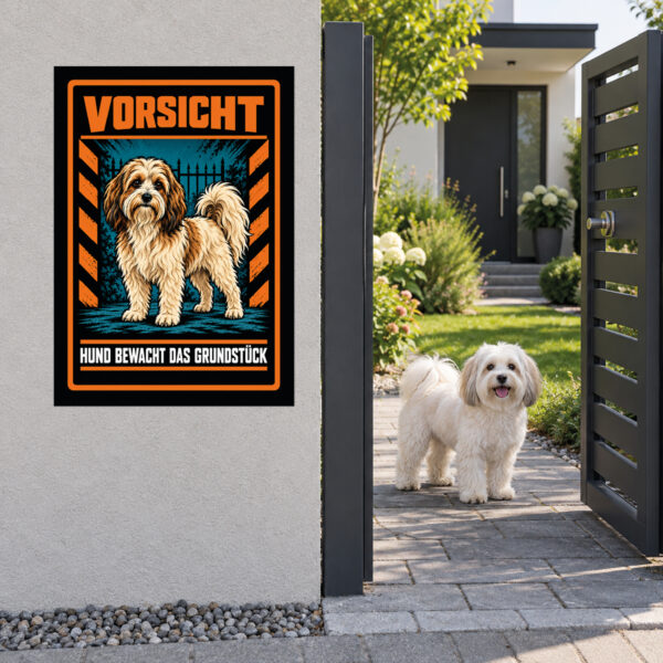 Havaneser Schild „Vorsicht – Hund bewacht das Grundstück“ im Actionstil – Hochformat – Anwendung am Eingang