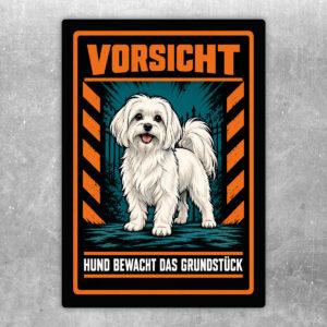 Malteser Aufkleber „Vorsicht – Hund bewacht das Grundstück“ im Actionstil – Hochformat – Produktansicht