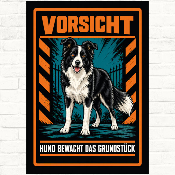 Border Collie Schild „Vorsicht – Hund bewacht das Grundstück“ im Actionstil – Hochformat – Produktansicht