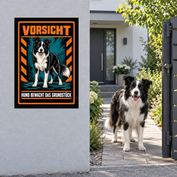 Border Collie Schild „Vorsicht – Hund bewacht das Grundstück“ im Actionstil – Hochformat – Anwendung am Eingang