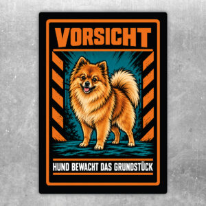 Zwergspitz / Pomeranian Aufkleber „Vorsicht – Hund bewacht das Grundstück“ im Actionstil – Hochformat – Produktansicht