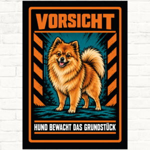 Zwergspitz / Pomeranian Schild „Vorsicht – Hund bewacht das Grundstück“ im Actionstil – Hochformat – Produktansicht