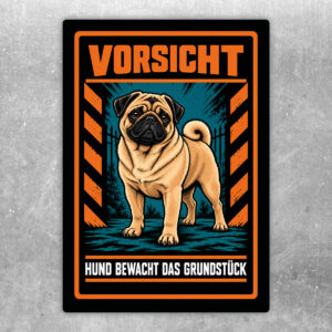 Mops Aufkleber „Vorsicht – Hund bewacht das Grundstück“ im Actionstil – Hochformat – Produktansicht