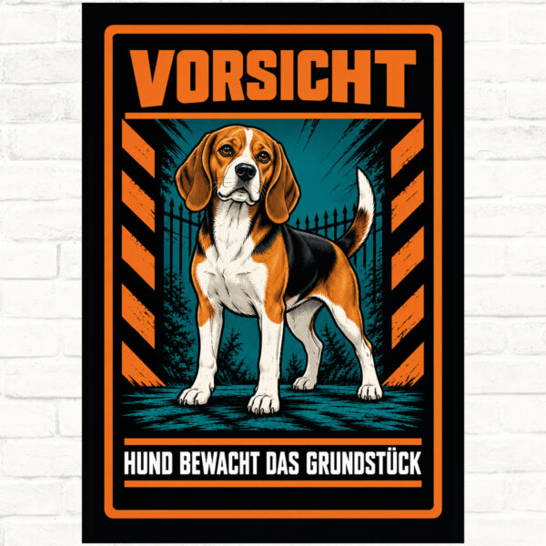 Beagle Schild „Vorsicht – Hund bewacht das Grundstück“ im Actionstil – Hochformat – Produktansicht