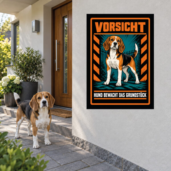 Beagle Schild „Vorsicht – Hund bewacht das Grundstück“ im Actionstil – Hochformat – Anwendung am Eingang