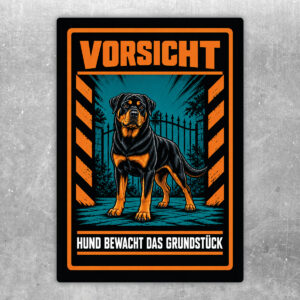 Rottweiler Aufkleber „Vorsicht – Hund bewacht das Grundstück“ im Actionstil – Hochformat – Produktansicht