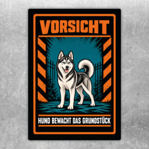 Siberian Husky Aufkleber „Vorsicht – Hund bewacht das Grundstück“ im Actionstil – Hochformat – Produktansicht
