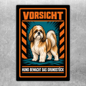 Shih Tzu Aufkleber „Vorsicht – Hund bewacht das Grundstück“ im Actionstil – Hochformat – Produktansicht