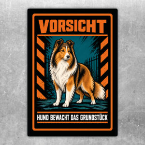 Shetland Sheepdog Aufkleber „Vorsicht – Hund bewacht das Grundstück“ im Actionstil – Hochformat – Produktansicht