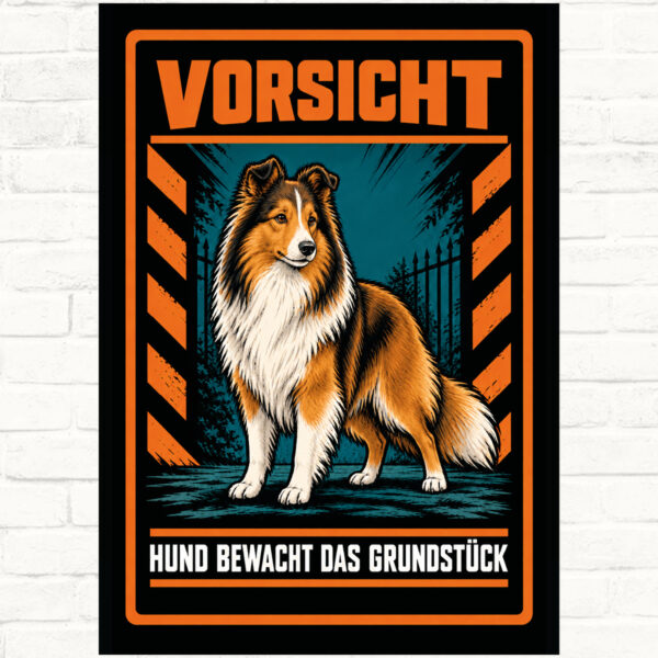Shetland Sheepdog Schild „Vorsicht – Hund bewacht das Grundstück“ im Actionstil – Hochformat – Produktansicht