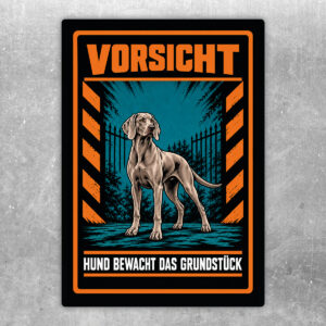 Weimaraner Aufkleber „Vorsicht – Hund bewacht das Grundstück“ im Actionstil – Hochformat – Produktansicht