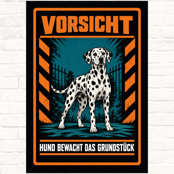 Dalmatiner Schild „Vorsicht – Hund bewacht das Grundstück“ im Actionstil – Hochformat – Produktansicht