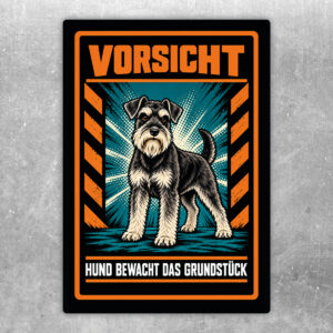 Zwergschnauzer Aufkleber „Vorsicht – Hund bewacht das Grundstück“ im Actionstil – Hochformat – Produktansicht