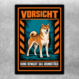 Shiba Inu Aufkleber „Vorsicht – Hund bewacht das Grundstück“ im Actionstil – Hochformat – Produktansicht