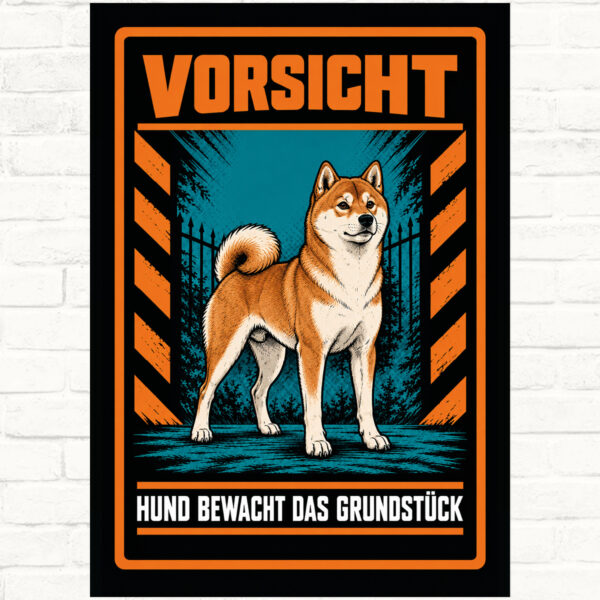 Shiba Inu Schild „Vorsicht – Hund bewacht das Grundstück“ im Actionstil – Hochformat – Produktansicht