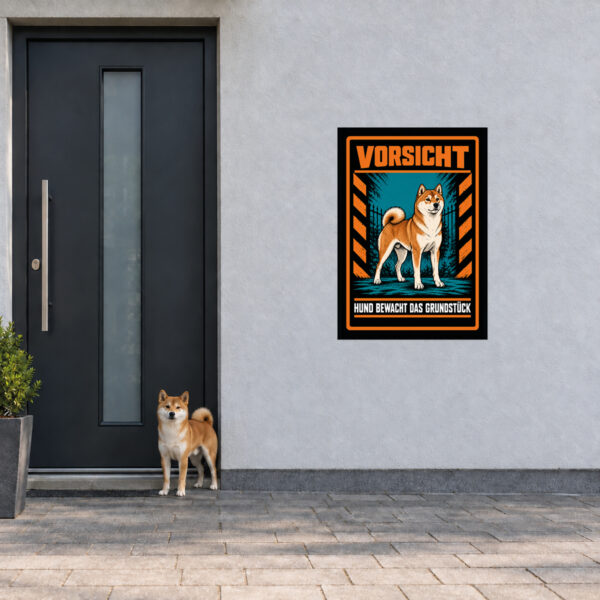Shiba Inu Schild „Vorsicht – Hund bewacht das Grundstück“ im Actionstil – Hochformat – Anwendung am Eingang