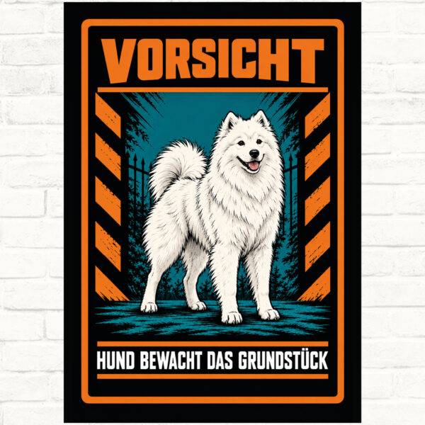 Samojede Schild „Vorsicht – Hund bewacht das Grundstück“ im Actionstil – Hochformat – Produktansicht