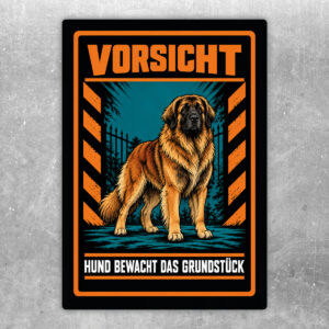 Leonberger Aufkleber „Vorsicht – Hund bewacht das Grundstück“ im Actionstil – Hochformat – Produktansicht
