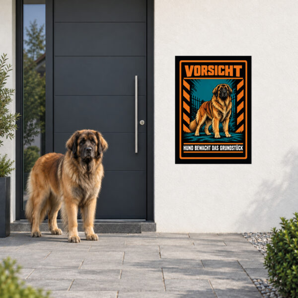 Leonberger Schild „Vorsicht – Hund bewacht das Grundstück“ im Actionstil – Hochformat – Anwendung am Eingang