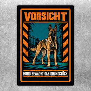 Malinois Aufkleber „Vorsicht – Hund bewacht das Grundstück“ im Actionstil – Hochformat – Produktansicht