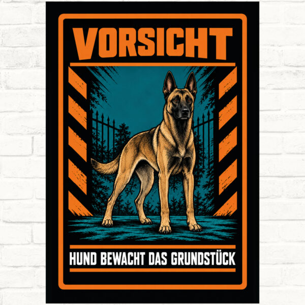 Malinois Schild „Vorsicht – Hund bewacht das Grundstück“ im Actionstil – Hochformat – Produktansicht