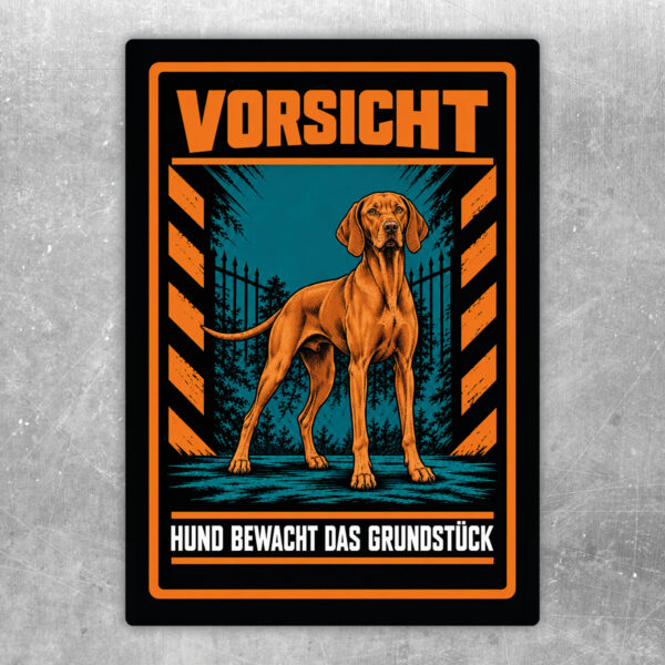 Magyar Vizsla Aufkleber „Vorsicht – Hund bewacht das Grundstück“ im Actionstil – Hochformat – Produktansicht