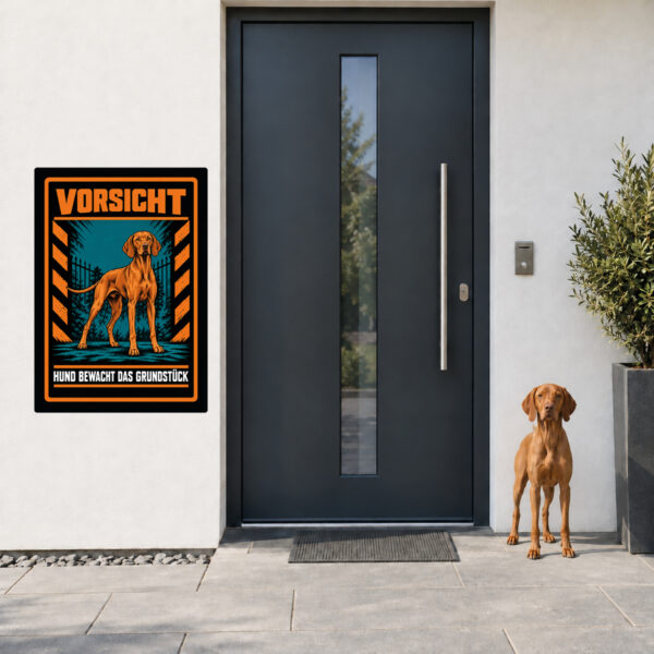 Magyar Vizsla Aufkleber „Vorsicht – Hund bewacht das Grundstück“ im Actionstil – Hochformat – Anwendung am Eingang