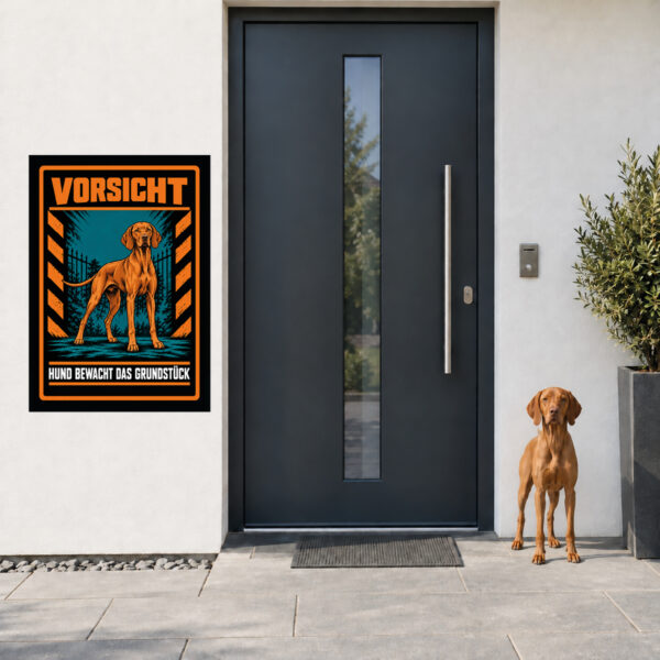 Magyar Vizsla Schild „Vorsicht – Hund bewacht das Grundstück“ im Actionstil – Hochformat – Anwendung am Eingang