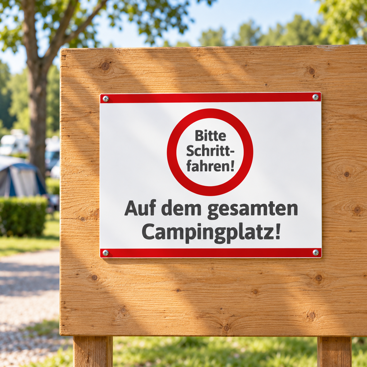 KI-generierte Anwendungsszene: Schild „Bitte Schrittfahren auf dem gesamten Campingplatz“ eben auf einer breiten Holztafel montiert
