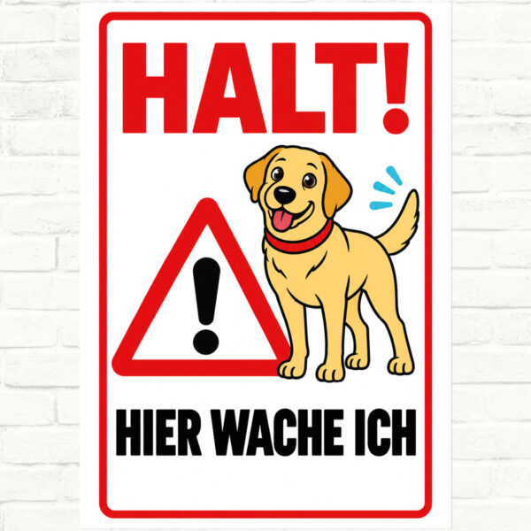 Labrador Retriever Schild „Halt! Hier wache ich“ im Flat-Comic-Stil – Hochformat – Produktansicht