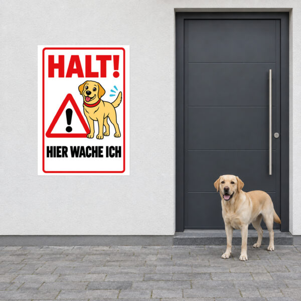 Labrador Retriever Schild „Halt! Hier wache ich“ im Flat-Comic-Stil – Hochformat – Anwendung am Eingang