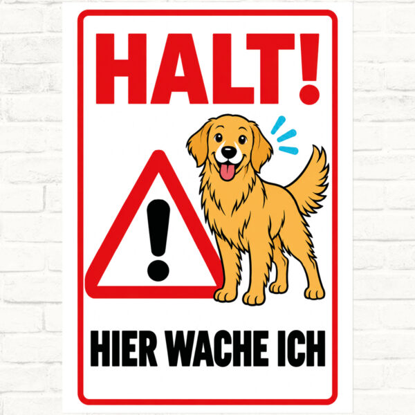 Golden Retriever Schild „Halt! Hier wache ich“ im Flat-Comic-Stil – Hochformat – Produktansicht