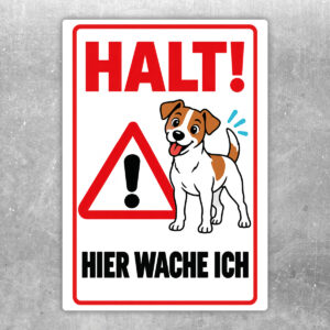 Jack Russell Terrier Aufkleber „Halt! Hier wache ich“ im Flat-Comic-Stil – Hochformat – Produktansicht