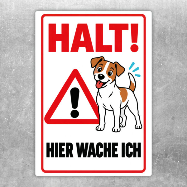 Jack Russell Terrier Aufkleber „Halt! Hier wache ich“ im Flat-Comic-Stil – Hochformat – Produktansicht