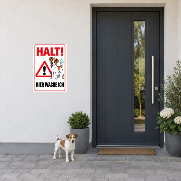 Jack Russell Terrier Aufkleber „Halt! Hier wache ich“ im Flat-Comic-Stil – Hochformat – Anwendung am Eingang