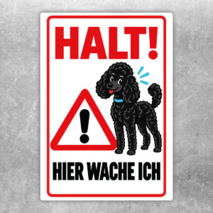 Zwergpudel Aufkleber „Halt! Hier wache ich“ im Flat-Comic-Stil – Hochformat – Produktansicht