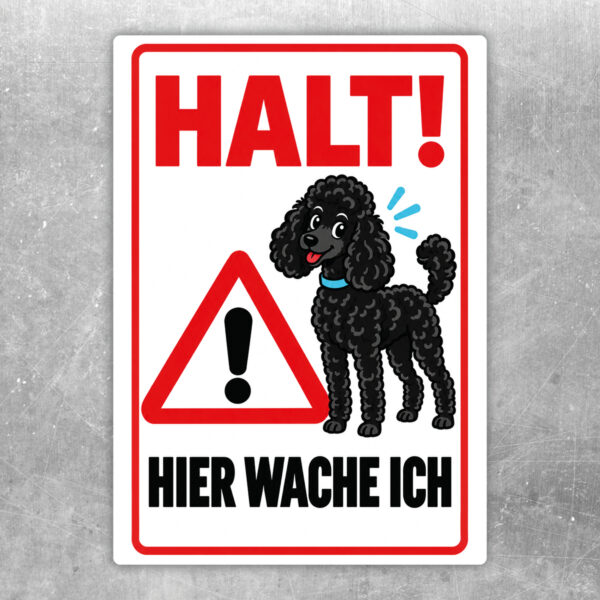 Zwergpudel Aufkleber „Halt! Hier wache ich“ im Flat-Comic-Stil – Hochformat – Produktansicht
