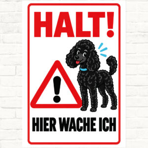 Zwergpudel Schild „Halt! Hier wache ich“ im Flat-Comic-Stil – Hochformat – Produktansicht