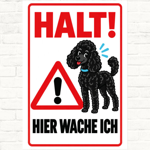 Zwergpudel Schild „Halt! Hier wache ich“ im Flat-Comic-Stil – Hochformat – Produktansicht