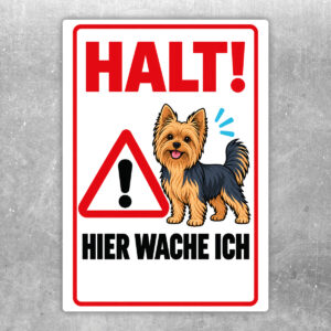 Yorkshire Terrier Aufkleber „Halt! Hier wache ich“ im Flat-Comic-Stil – Hochformat – Produktansicht